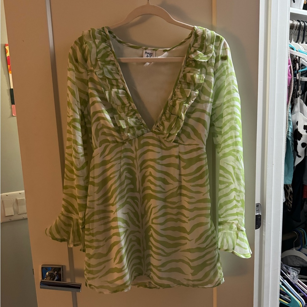 Lime green zebra plunging neck, mini dress